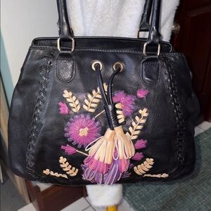 Isabella Fiore  shoulder bag  floral stitched leather purple/cream/black whipsti